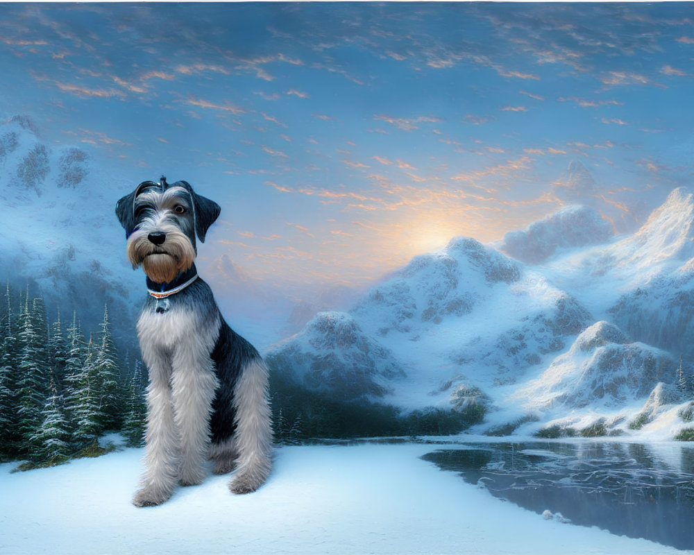 Large Schnauzer Dog in Snowy Mountain Landscape at Sunrise or Sunset