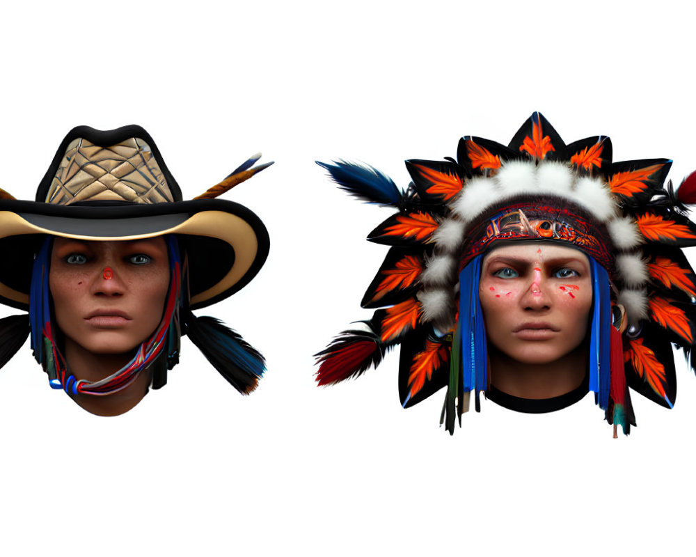 Computer-generated faces: one with cowboy hat, one with Native American headdress