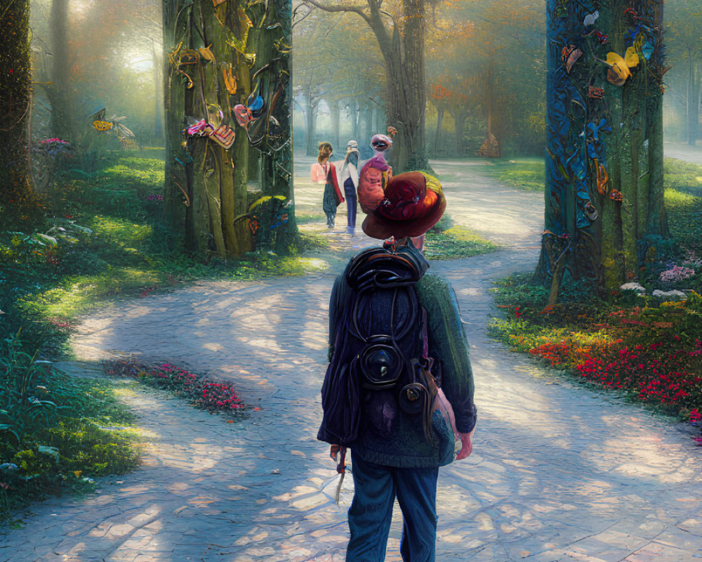 Person with backpack on sunlit pathway with flowers and butterflies