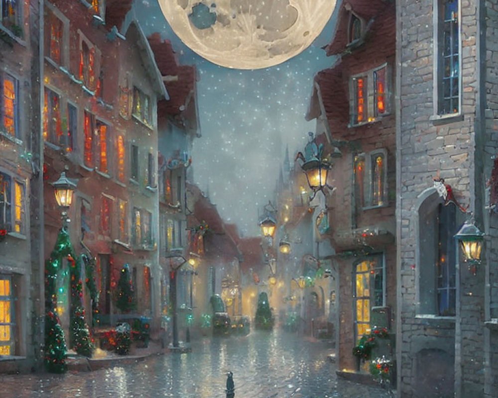 Festive cobblestone street under full moon and snow