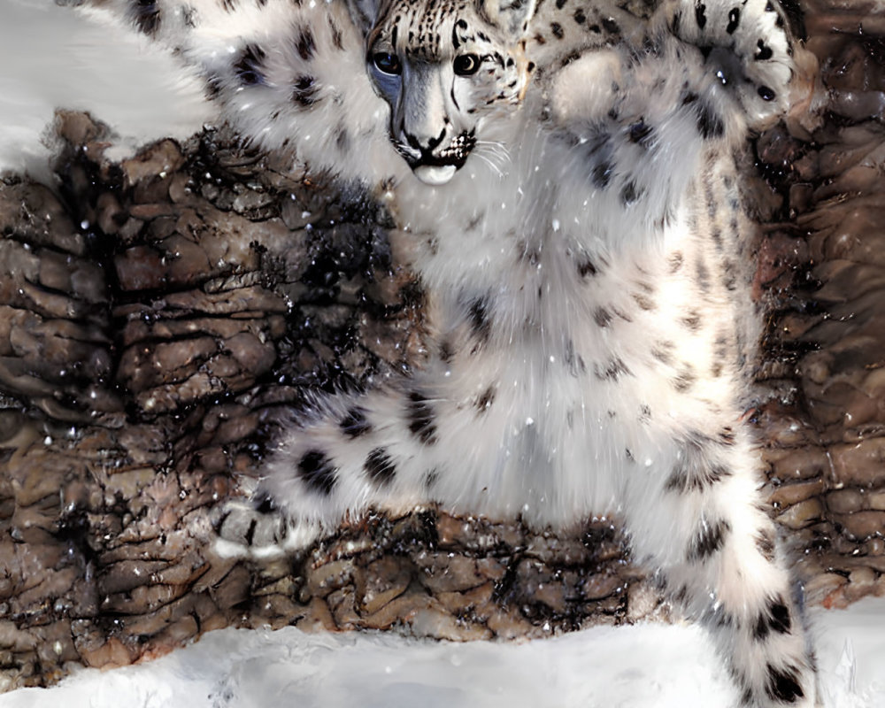 Snow leopard mid-leap over rocky terrain with rosette-patterned fur and snowflakes.