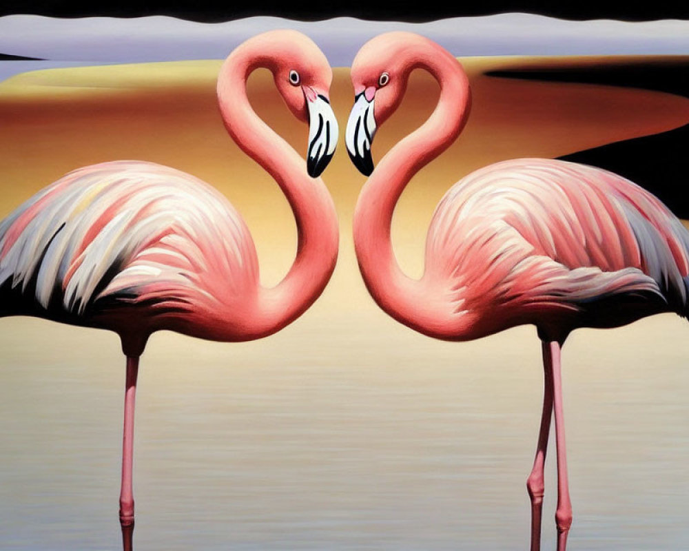 Stylized flamingos form heart shape at sunset