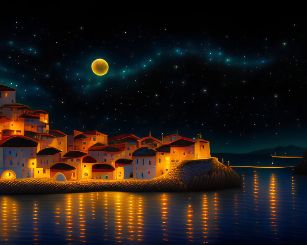 Panoramic Mediterranean village night scene with starry skies, glowing buildings, lighthouse, and moon