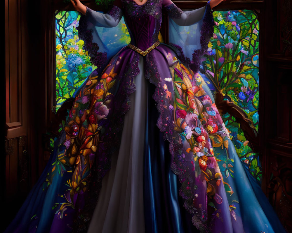 Woman in floral gown by window with vibrant flowers and stained glass sunlight.