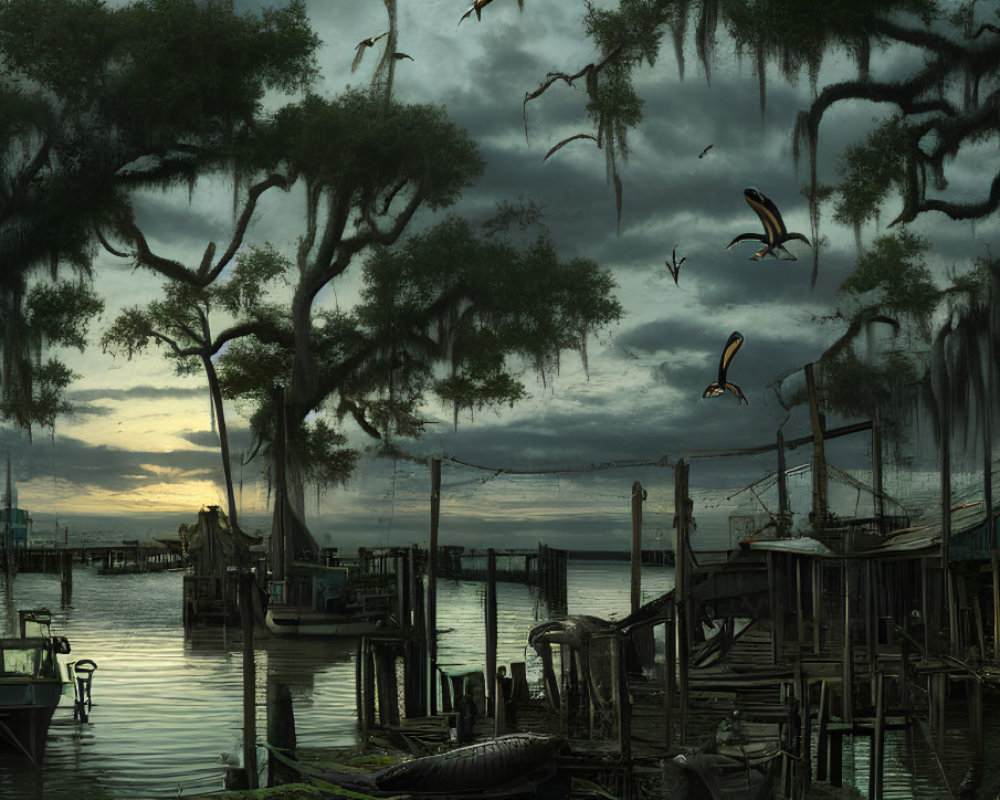 Tranquil dusk scene at bayou with moss-draped trees, rustic dock, cabin on