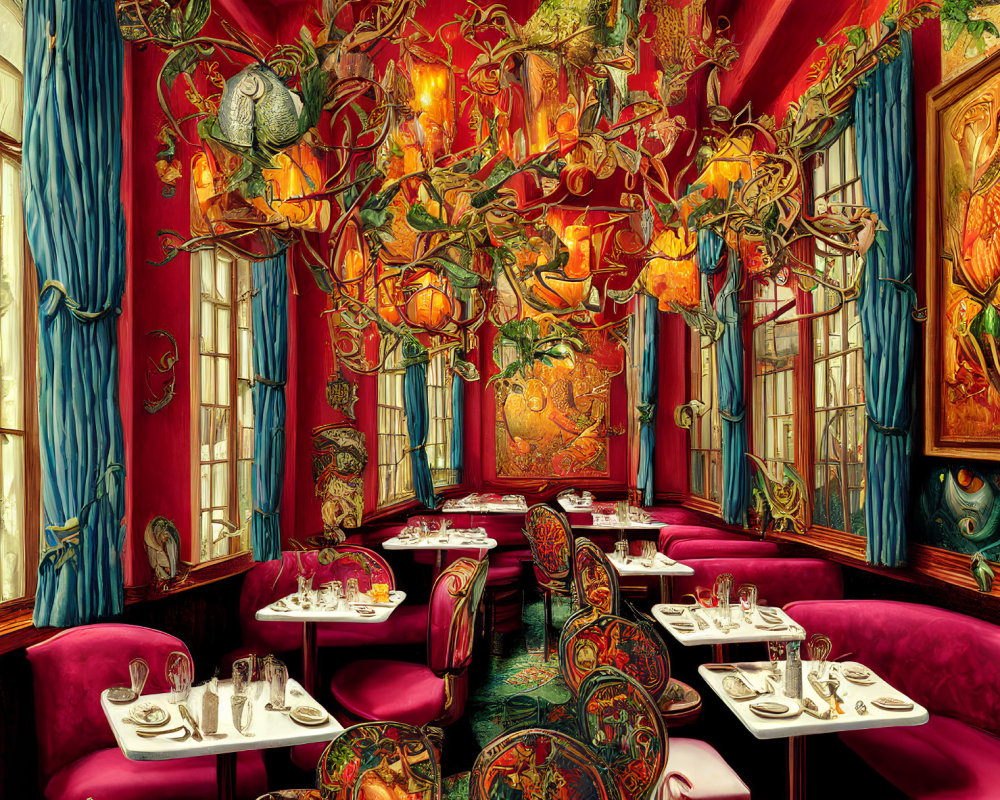 Luxurious Dining Room with Red Walls and Elaborate Decor