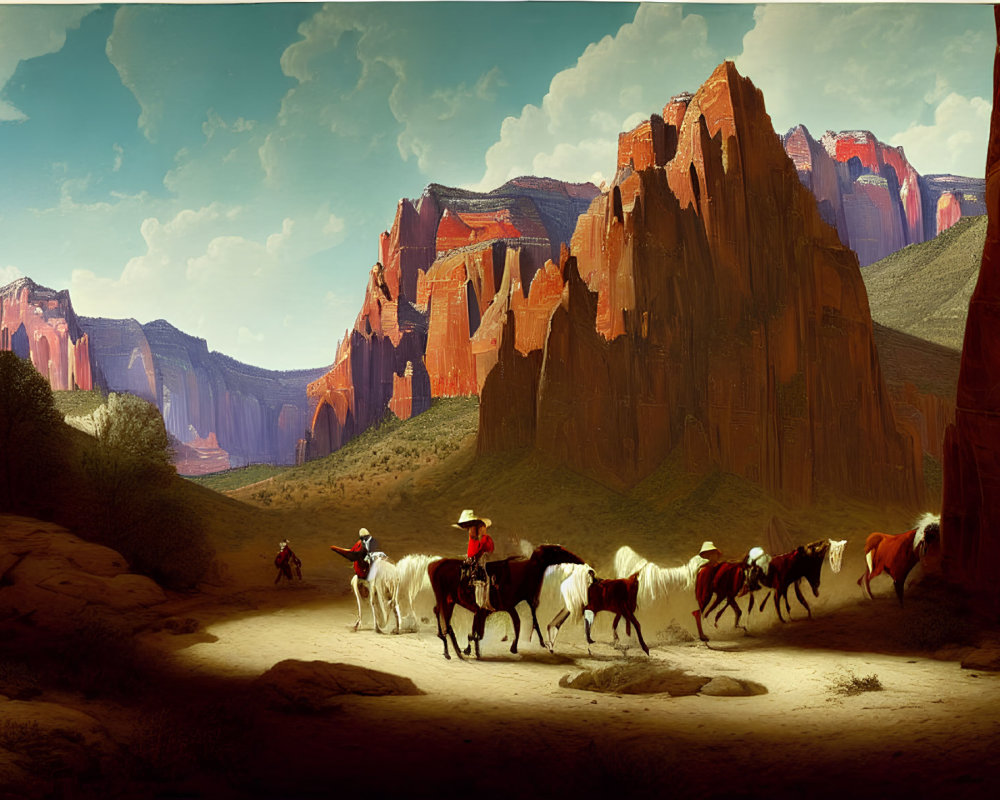 Cowboys herding cattle in desert valley with red rock formations