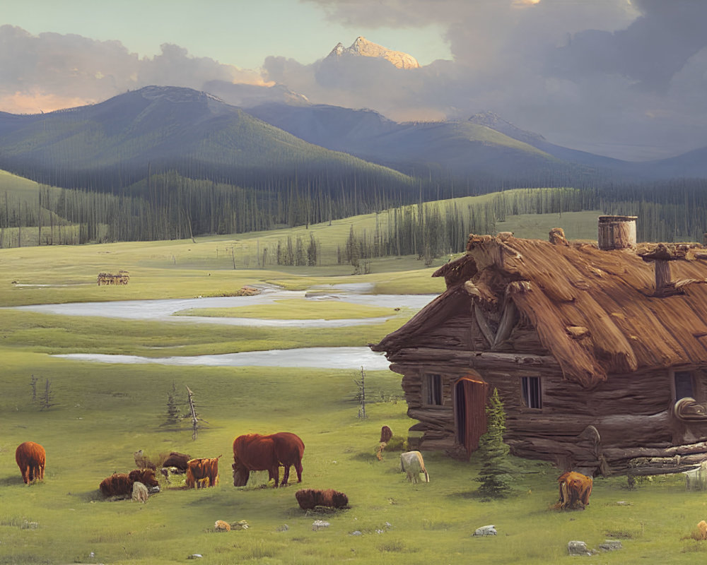 Rustic log cabin in serene landscape with grazing cattle, river, and mountains