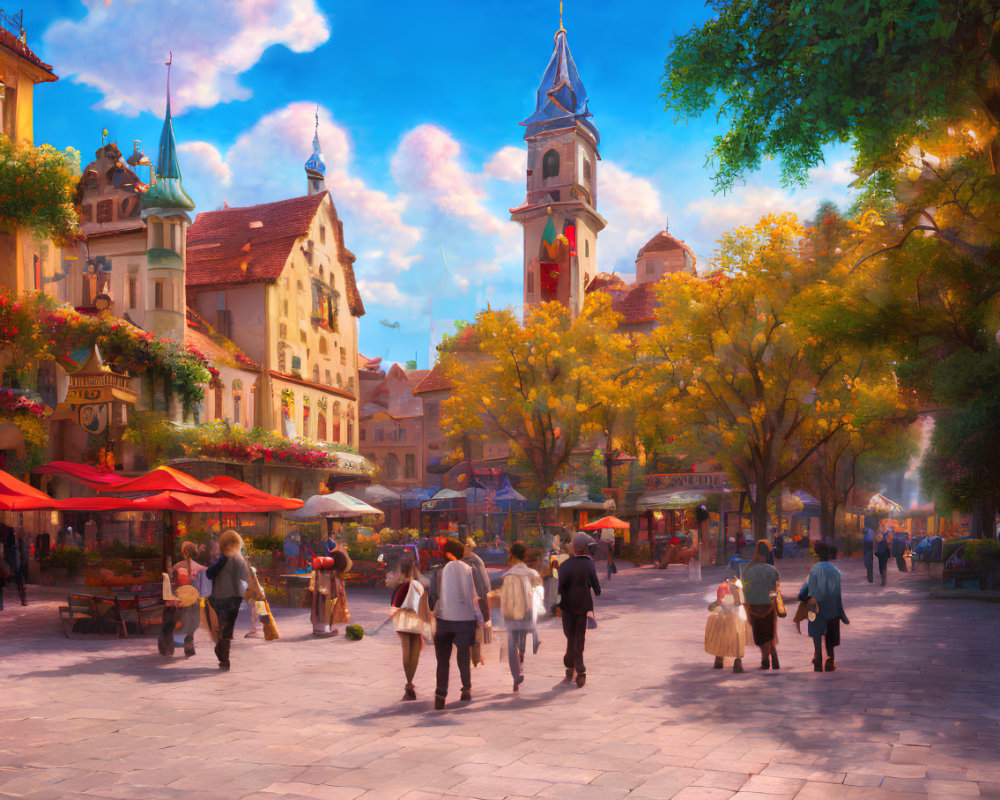 Vibrant European town square with clock tower and colorful buildings