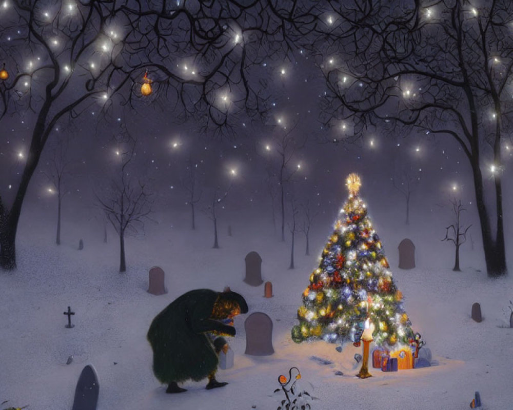 Person in coat decorates glowing Christmas tree in snowy cemetery at night