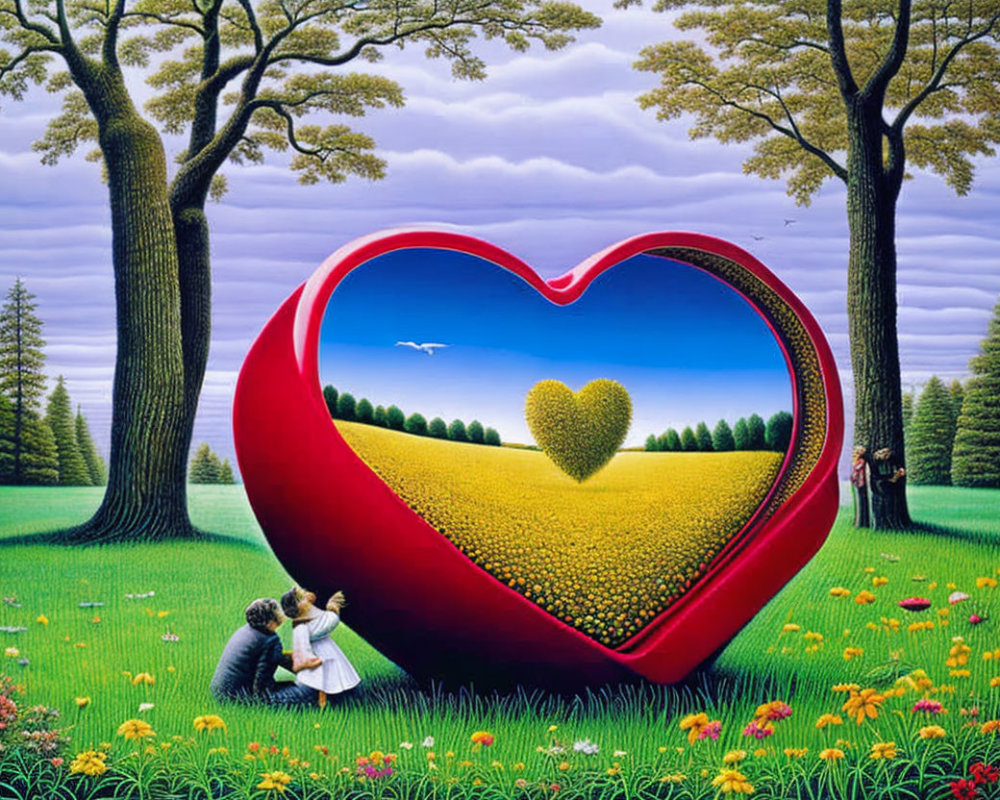 Vibrant artwork: couple by heart frame, yellow flower field, heart-shaped trees