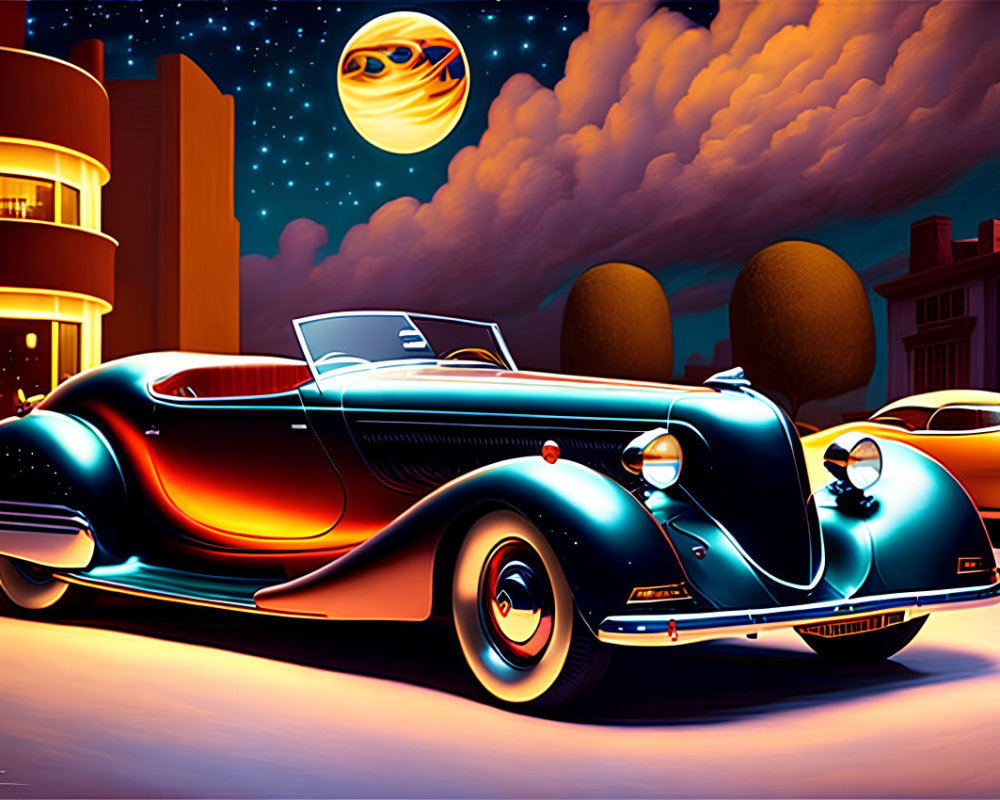 Stylized city street scene with vintage cars and oversized planet at night