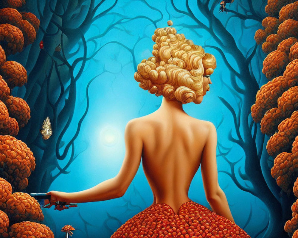 Surreal Illustration: Woman with Golden Hair in Red Rose Dress in Blue Forest