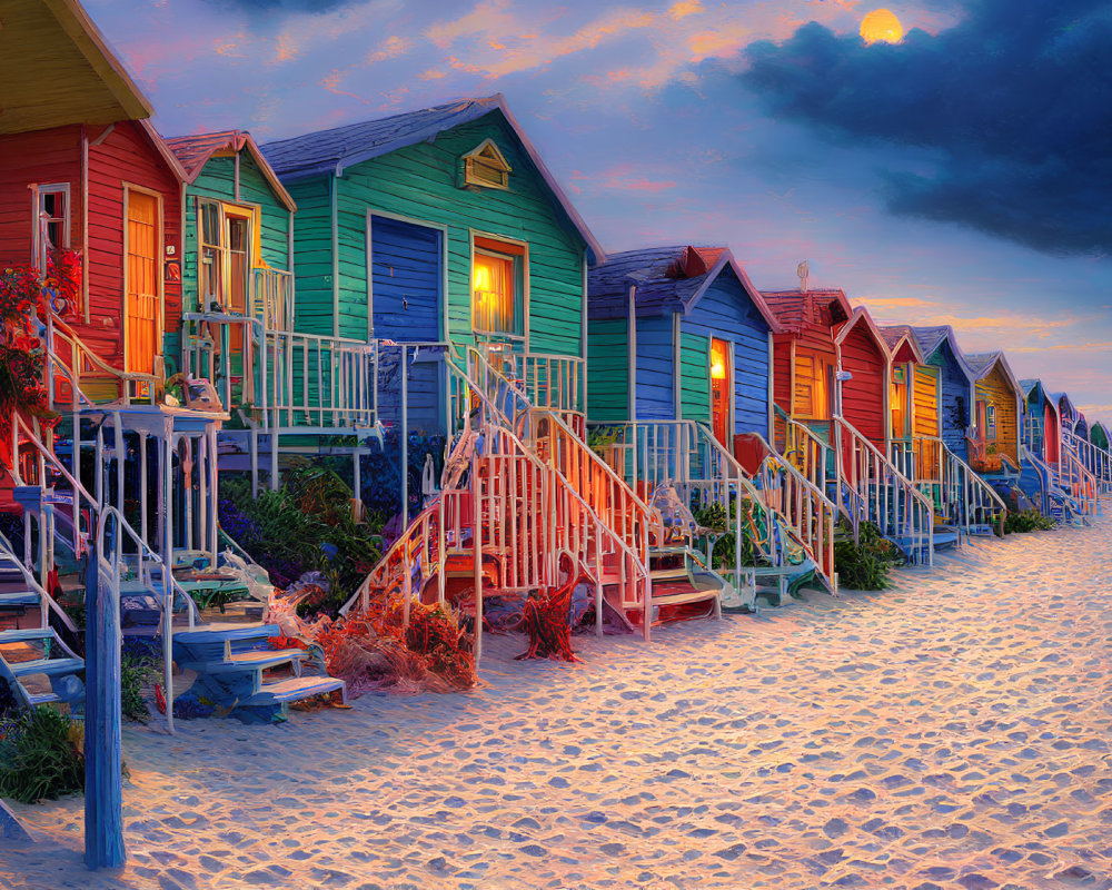 Colorful Beach Huts with Wooden Stairs at Twilight