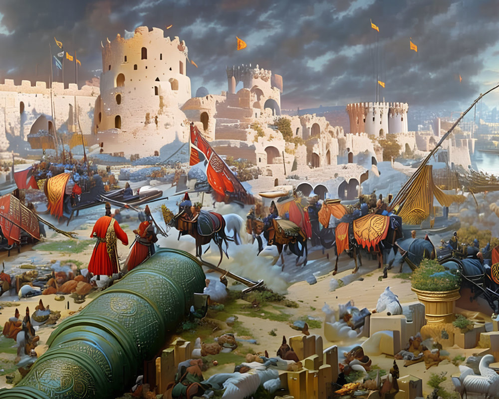 Medieval siege scene with knights, archers, trebuchets, and city walls