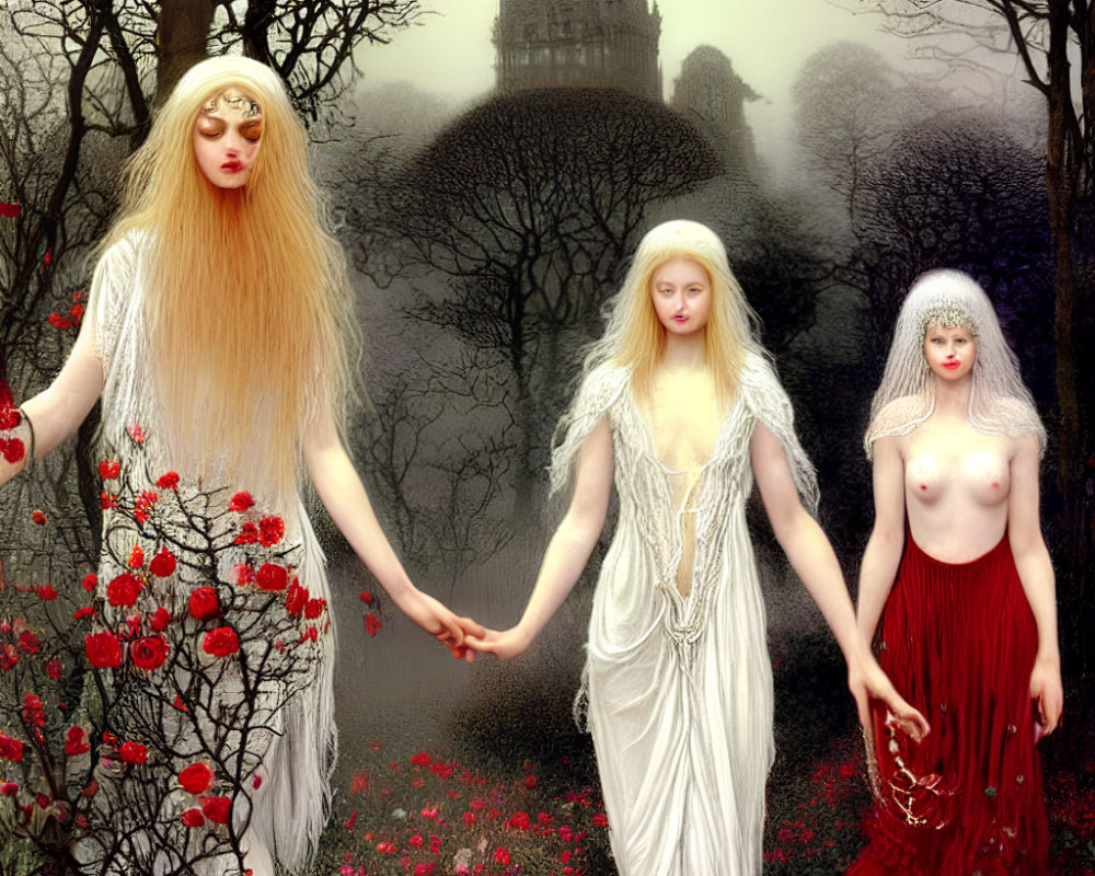 Ethereal women in mystical forest with red flowers and castle silhouette