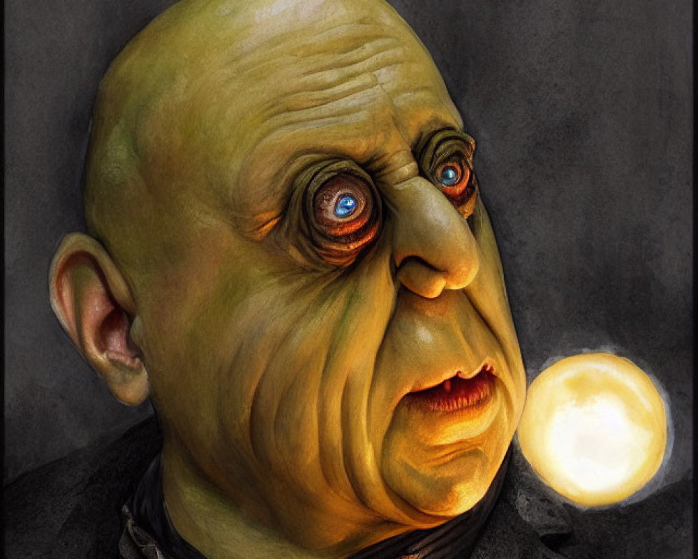 Illustration of creature in dark suit with bald head and large eyes gazes at glowing orb