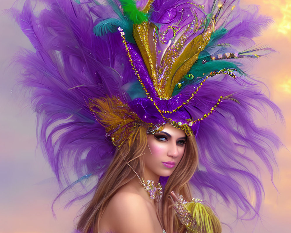 Woman in Luxurious Purple and Green Feathered Headdress and Masquerade Mask