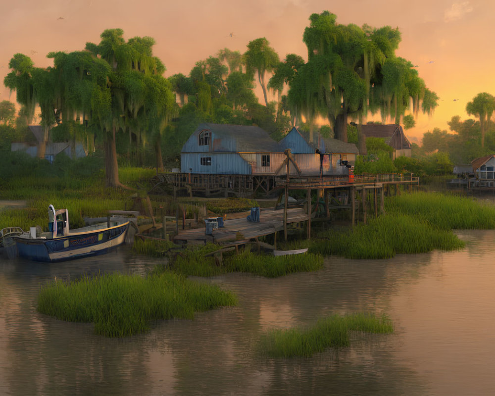 Riverside sunset scene with wooden houses, lush greenery, and docked boat