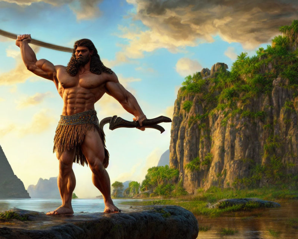 Muscular animated warrior with sword by river and cliffs