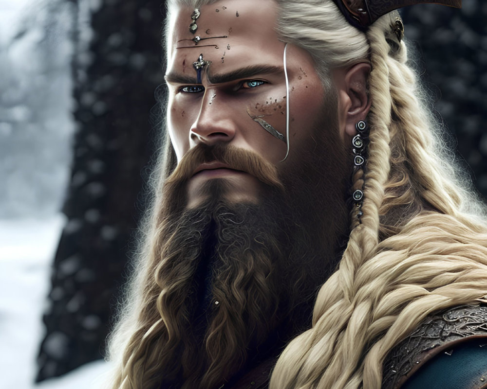 Bearded man with braided hair in metal ornaments against snowy forest.