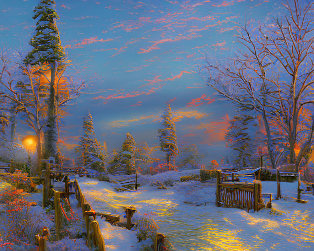 Snowy Dusk Landscape with Illuminated Lamps and Trees