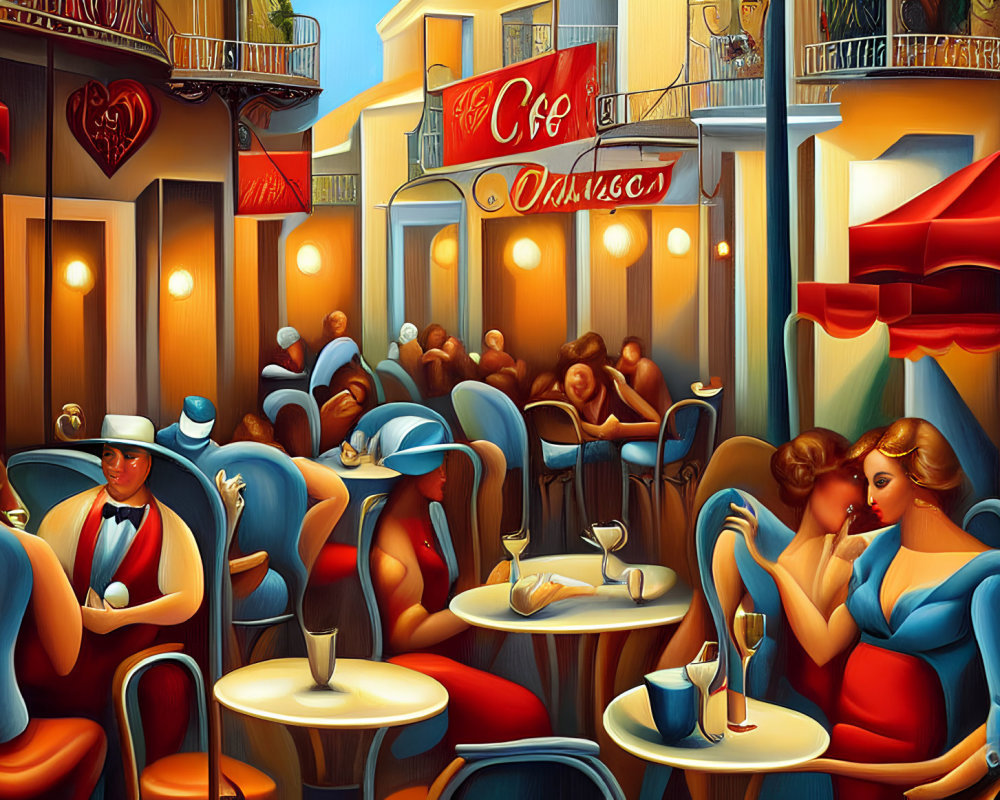 Vibrant painting of bustling outdoor cafe scene with romantic couple dining under warm lights