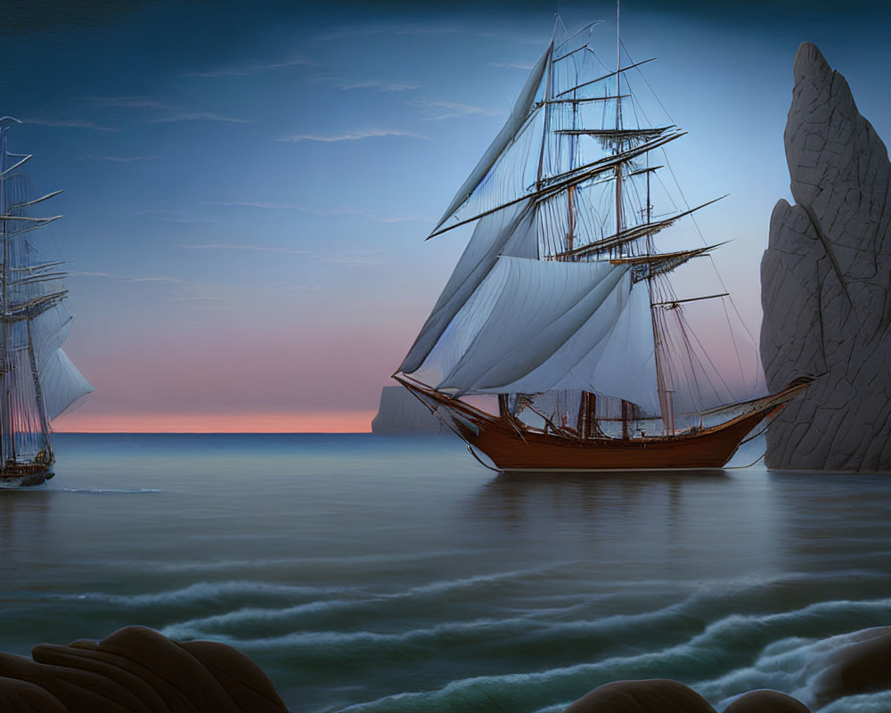 Sailing ship with billowing sails near rock formation at sea at sunset