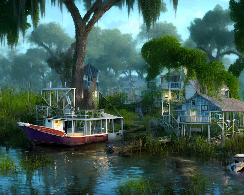 Tranquil riverside landscape with boat, greenery, and wooden houses