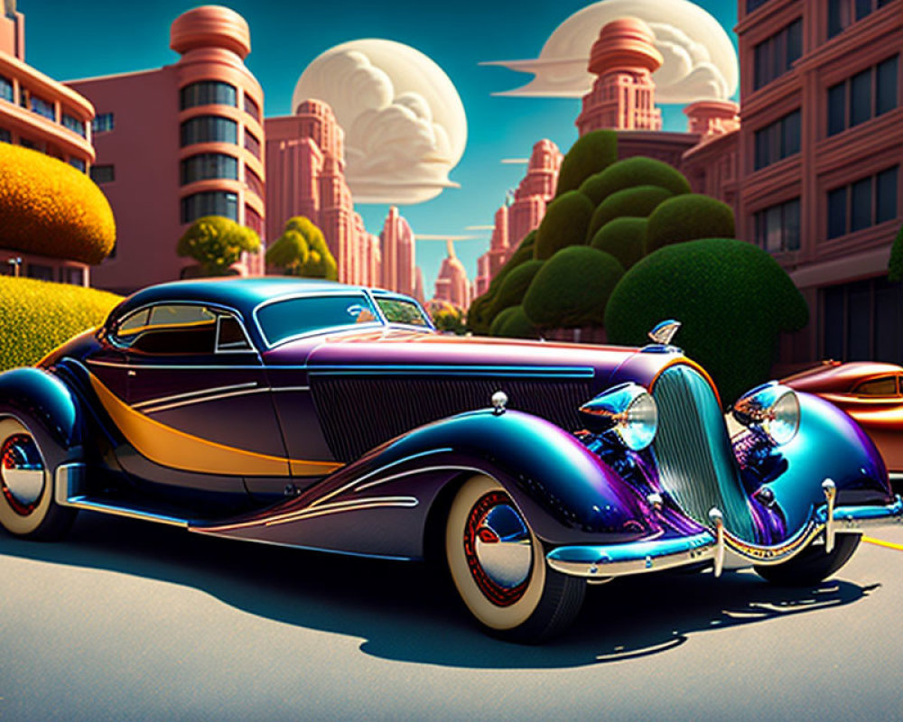 Vintage Purple and Black Car on Sunny Street with Stylized Buildings