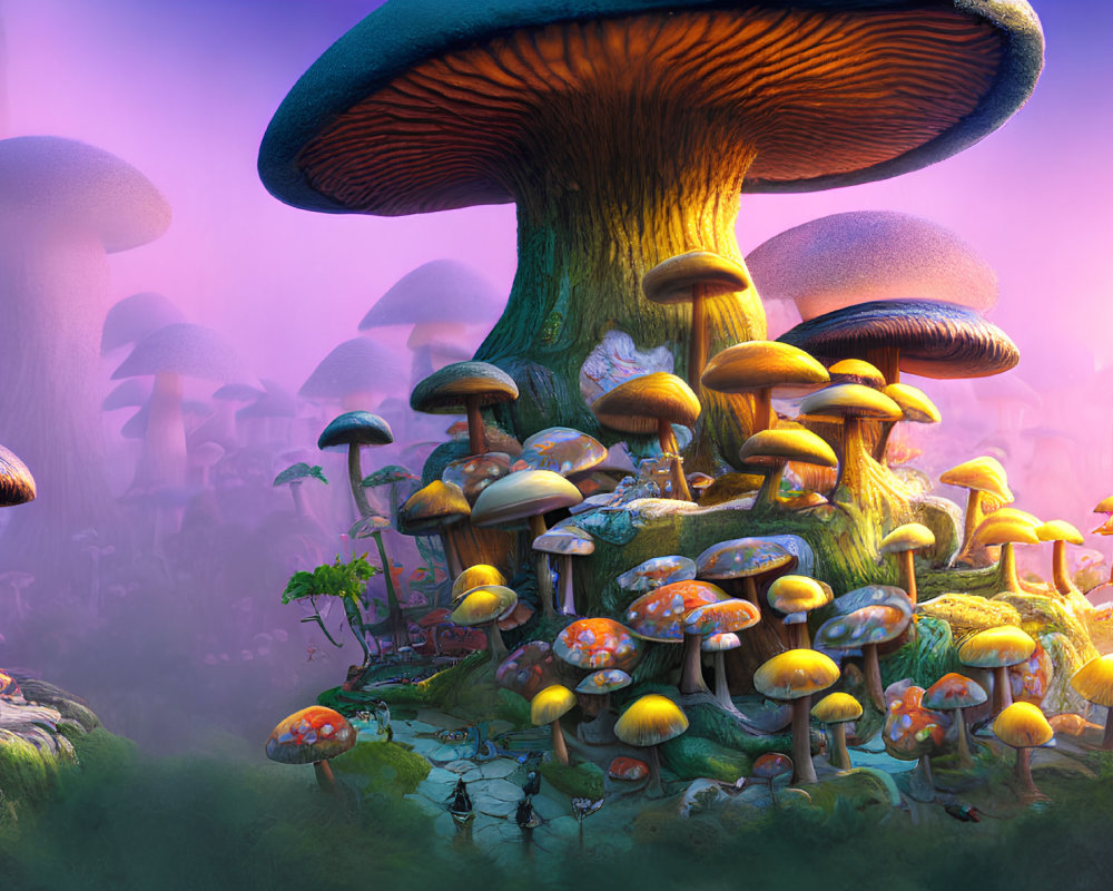 Colorful oversized mushroom forest in mystical purple haze