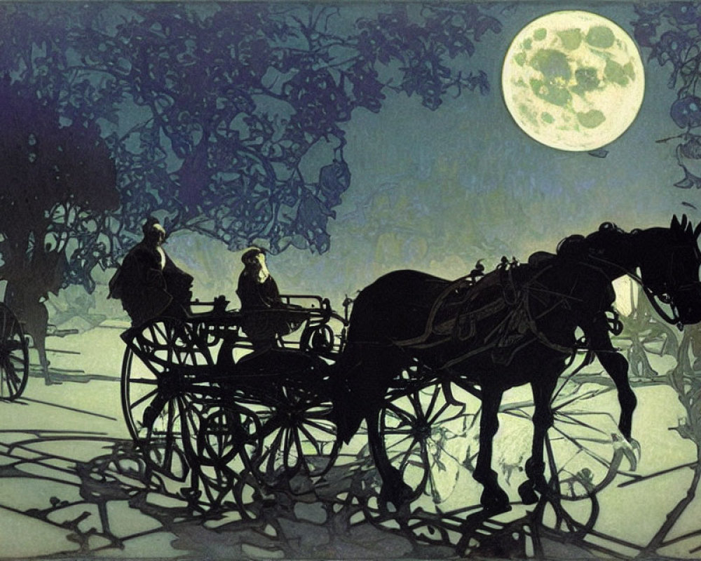 Moonlit Night Horse-Drawn Carriage with Silhouettes & Shadows