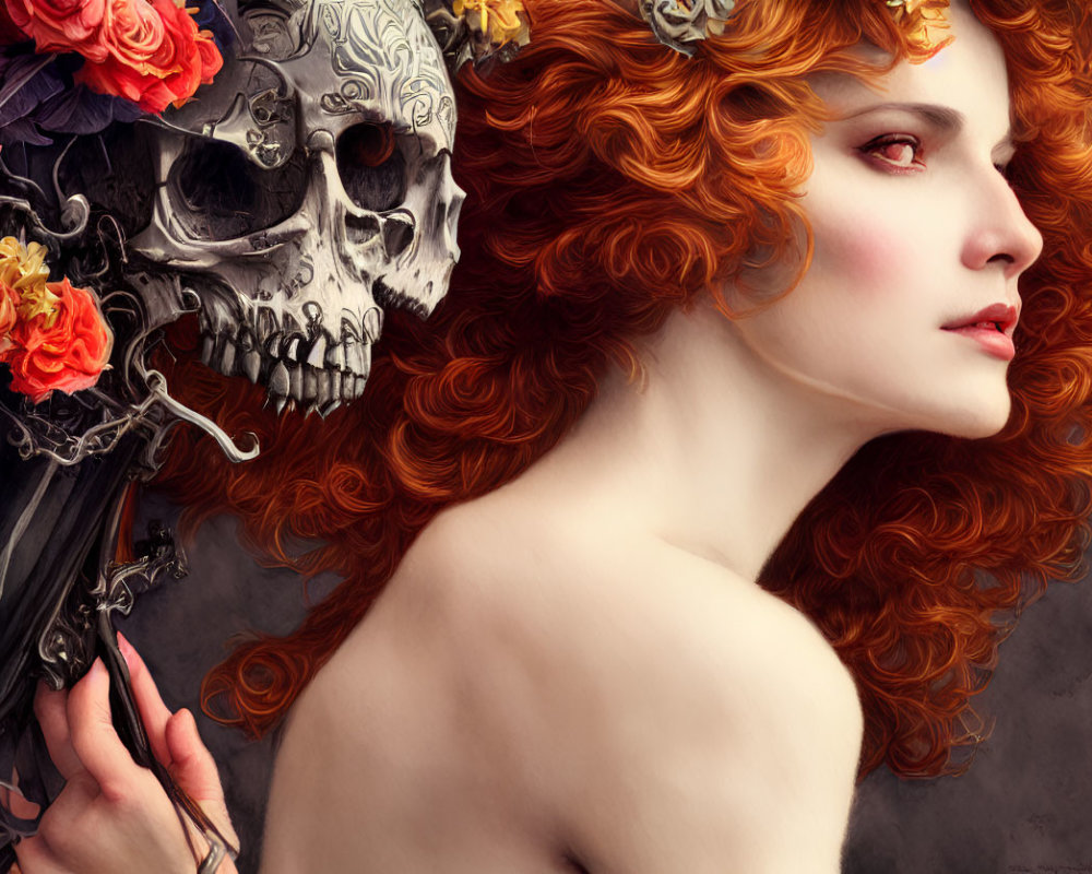 Red-Haired Woman and Flower-Adorned Skull Art Contrast