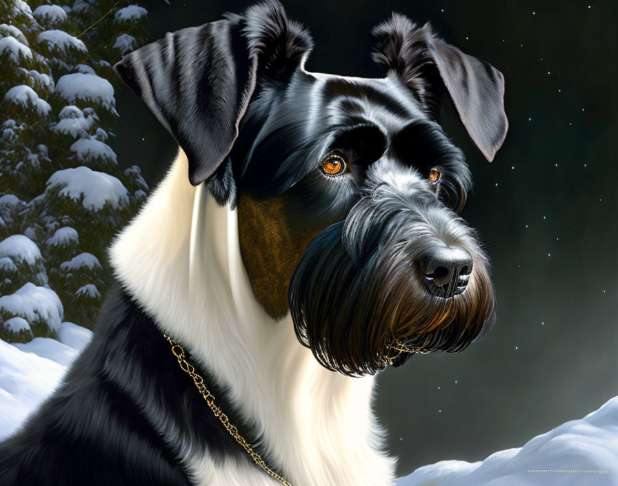 Realistic black and white dog illustration in snowy forest