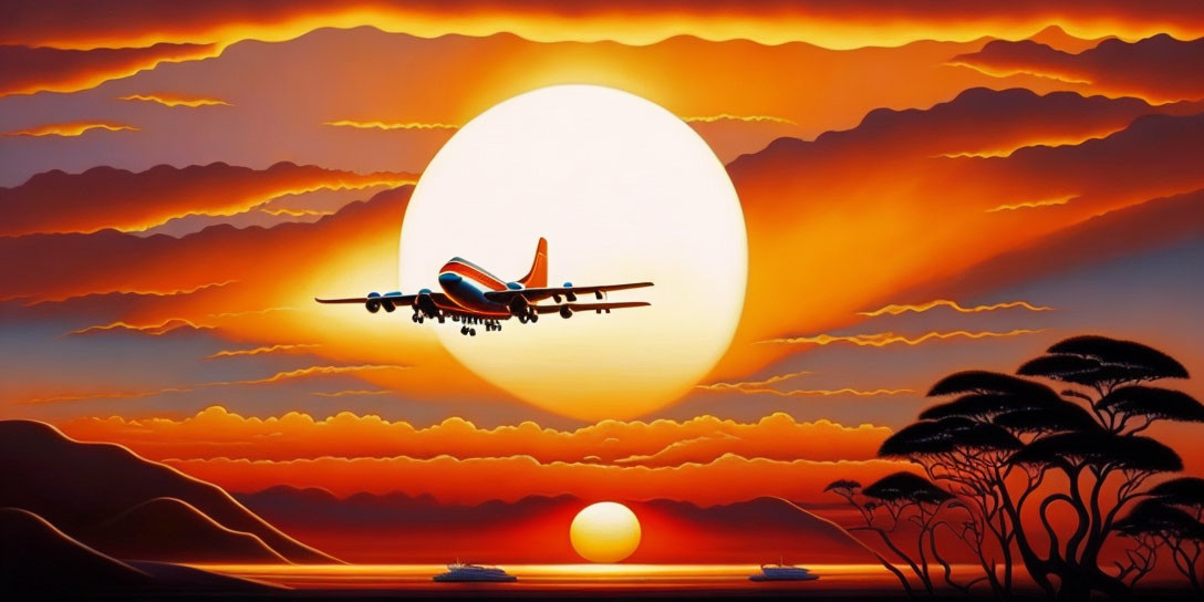 Airplane flying in vibrant sunset with orange clouds over silhouetted mountains and trees.