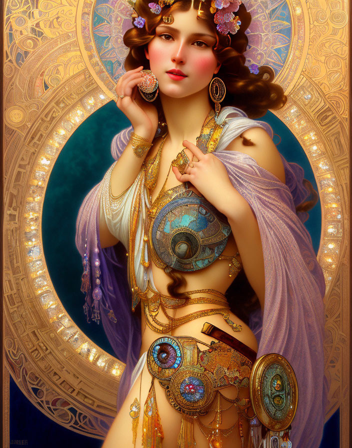 Art Nouveau-inspired woman in ornate attire with gold jewelry against circular backdrop