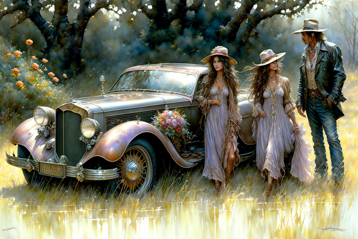 Vintage-clad trio by classic car in sunlit field with trees and flowers