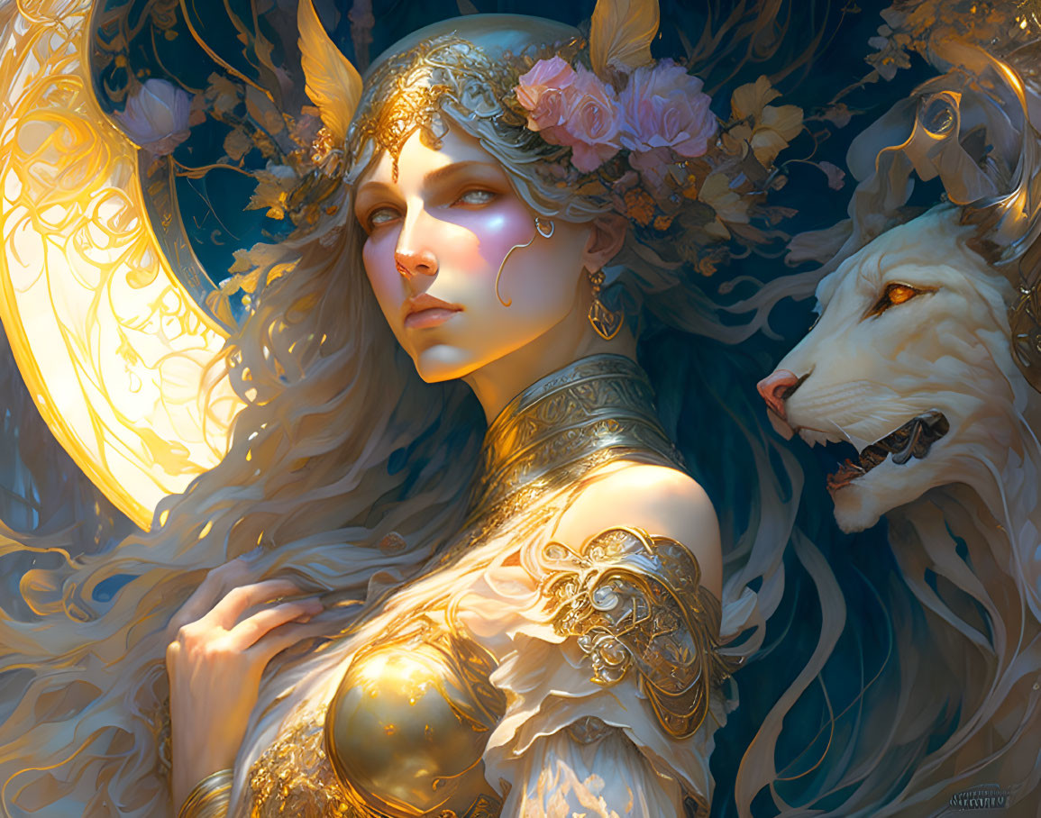 Ethereal woman in golden armor with white wolf in mythical setting