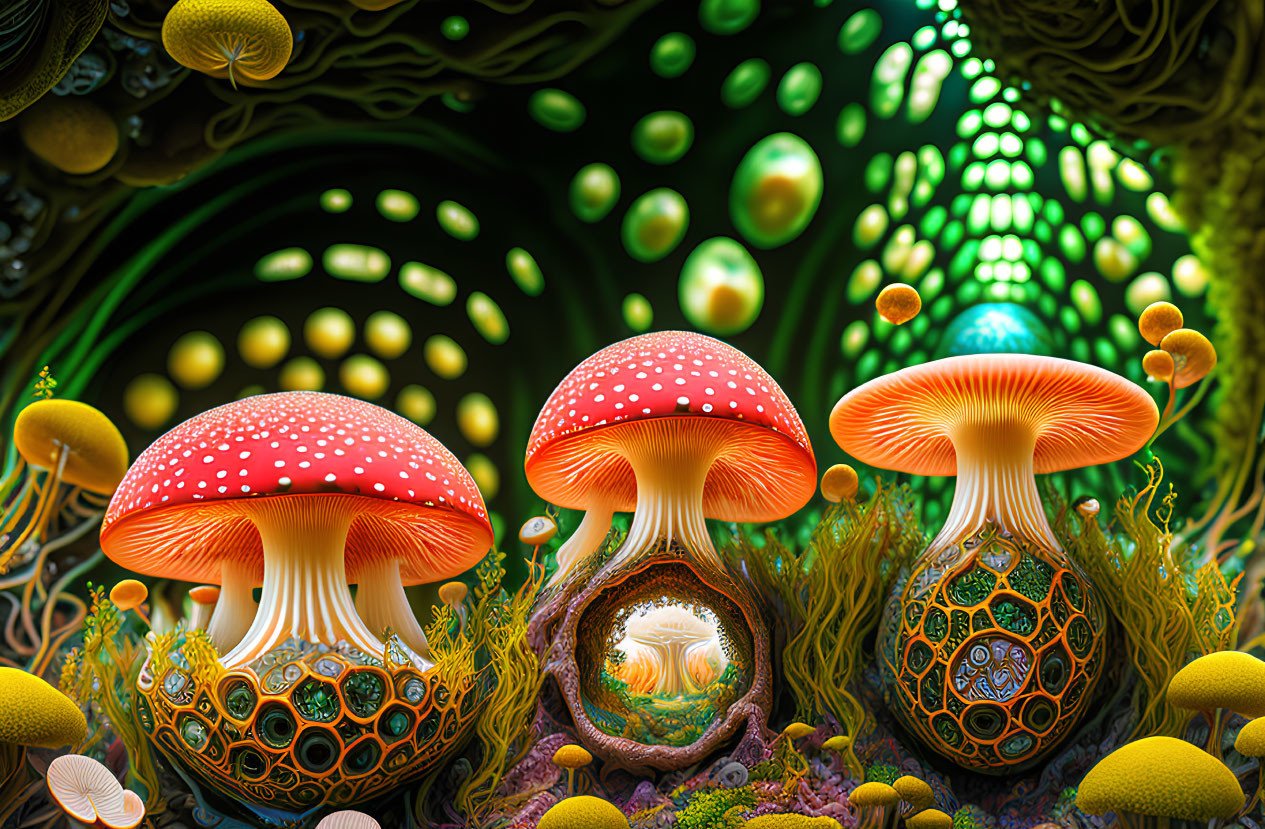 Colorful digital artwork featuring whimsical mushrooms in a fantasy setting