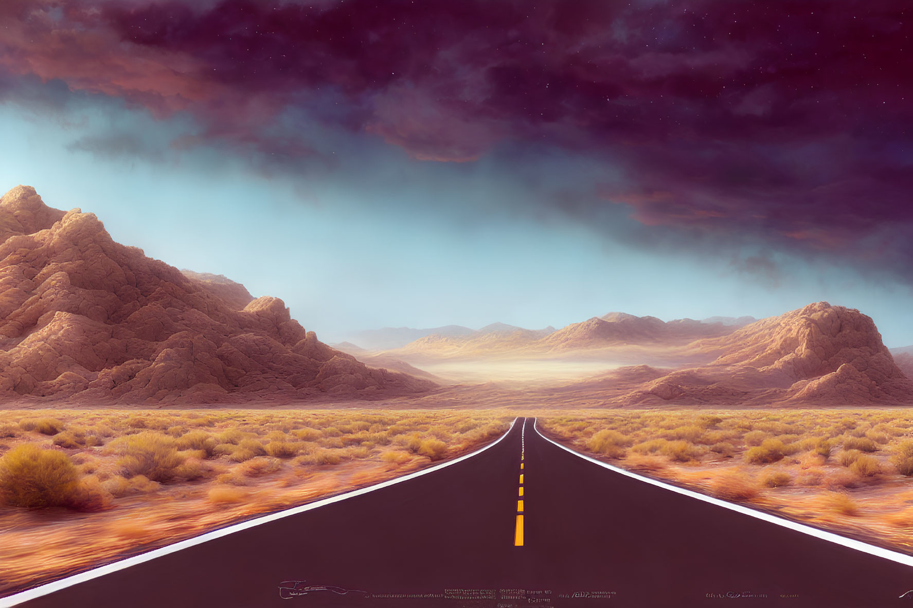 Desolate desert landscape with rocky mountains and colorful sky