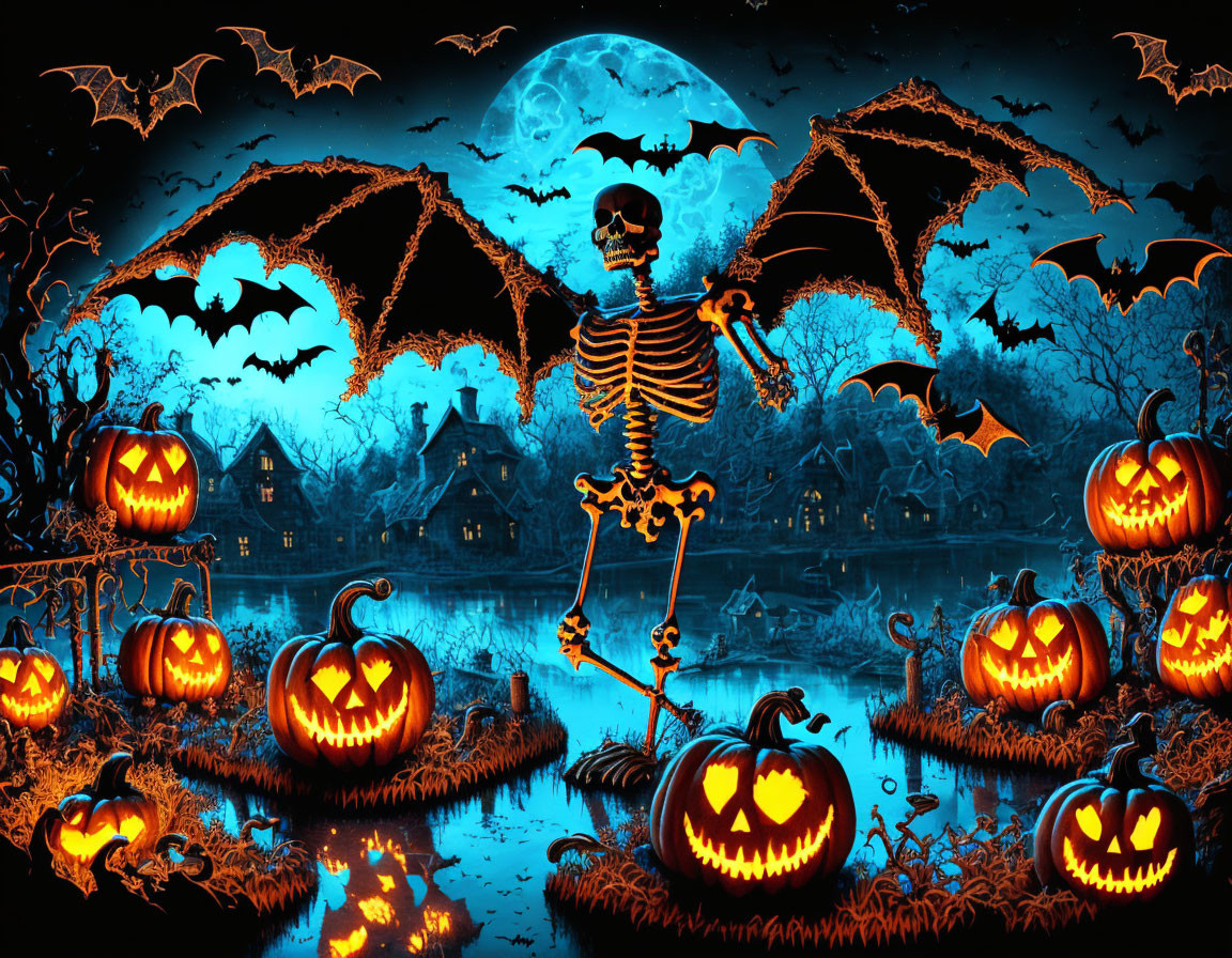 Halloween-themed illustration with skeleton, bats, jack-o'-lanterns, spooky house, full