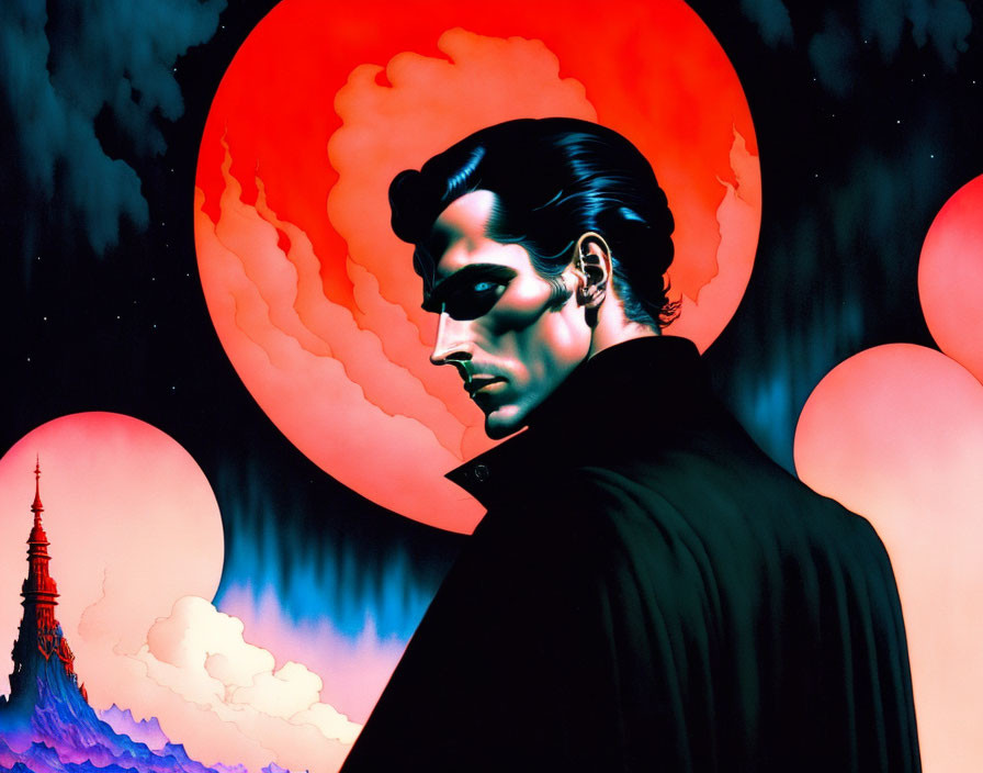 Stylized illustration of a man with dark hair and black coat against red moon and tower silhouette