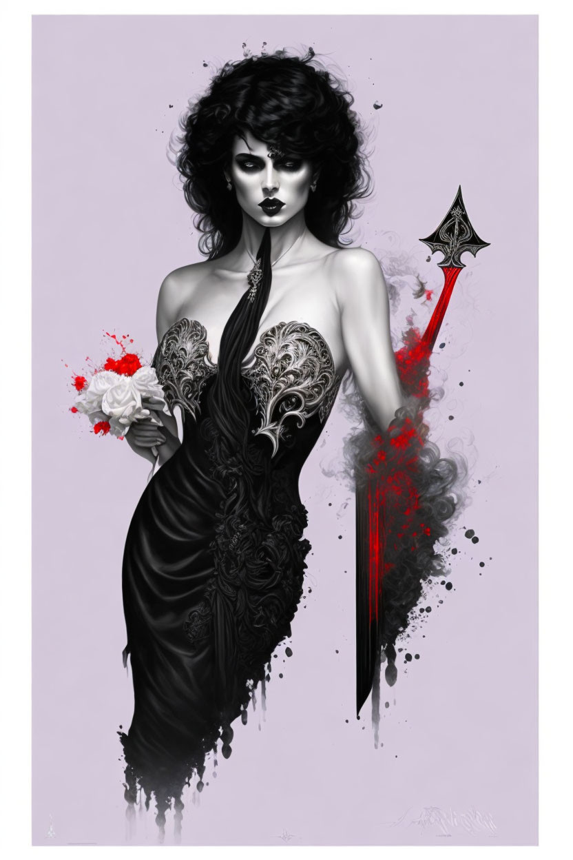 Illustrated gothic woman in black dress with white rose and red smoky accents.