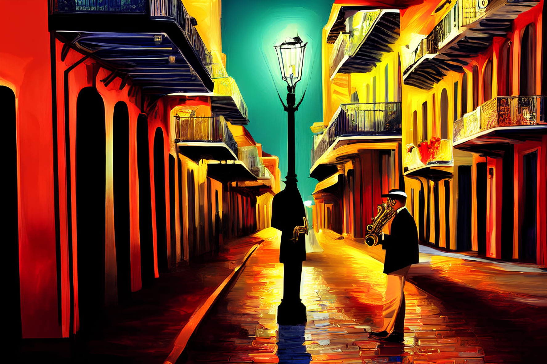 Colorful dusk street scene with glowing lamp and saxophonist silhouette