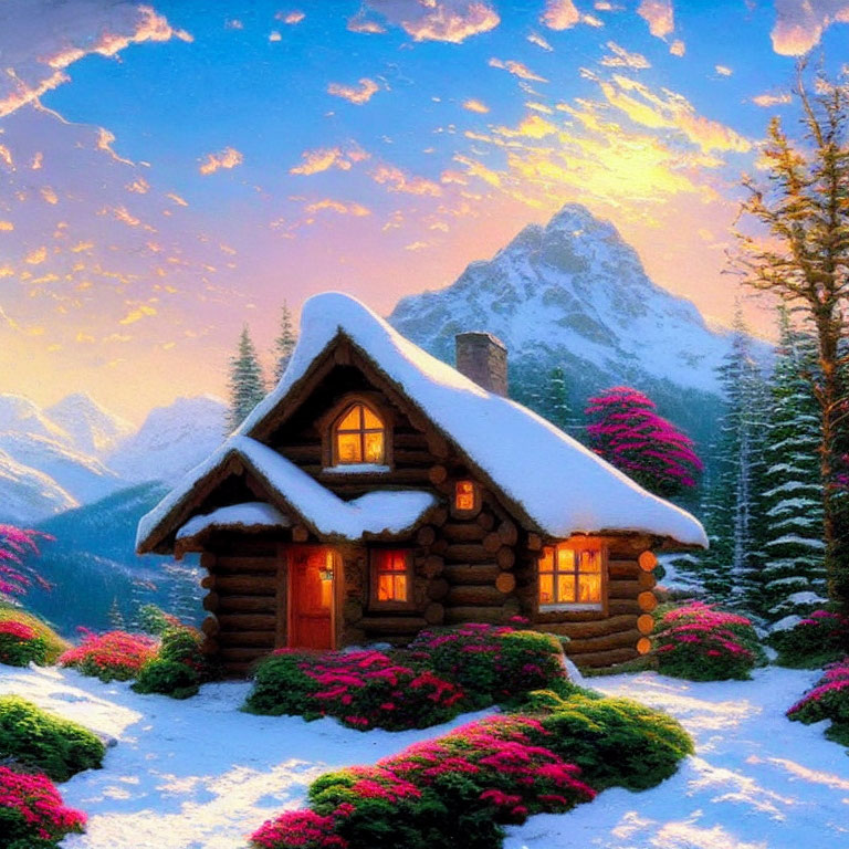 Snow-covered log cabin with pink flowers and sunset mountain backdrop