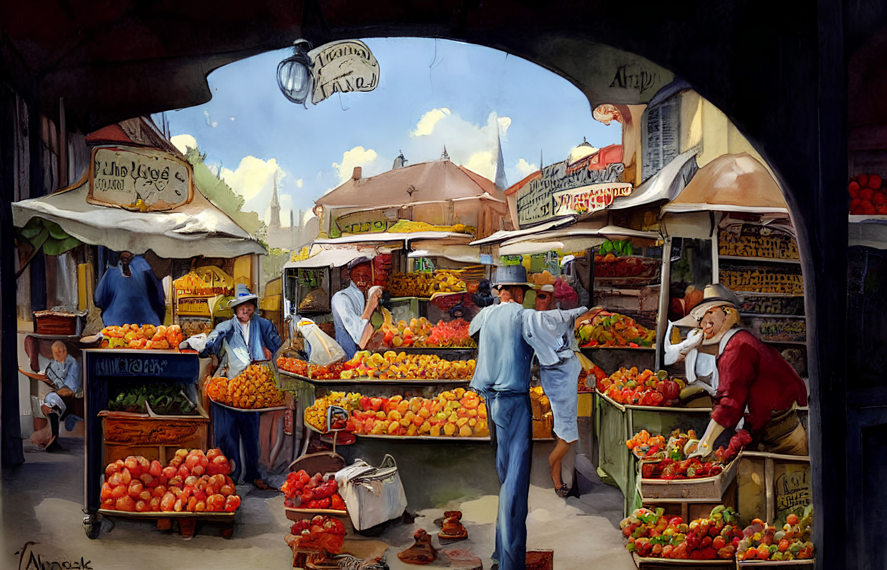 Colorful market scene with vendors selling fresh produce.