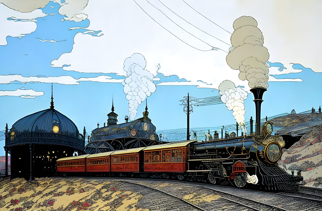 Vintage Train Arriving at Ornate Station Under Blue Sky