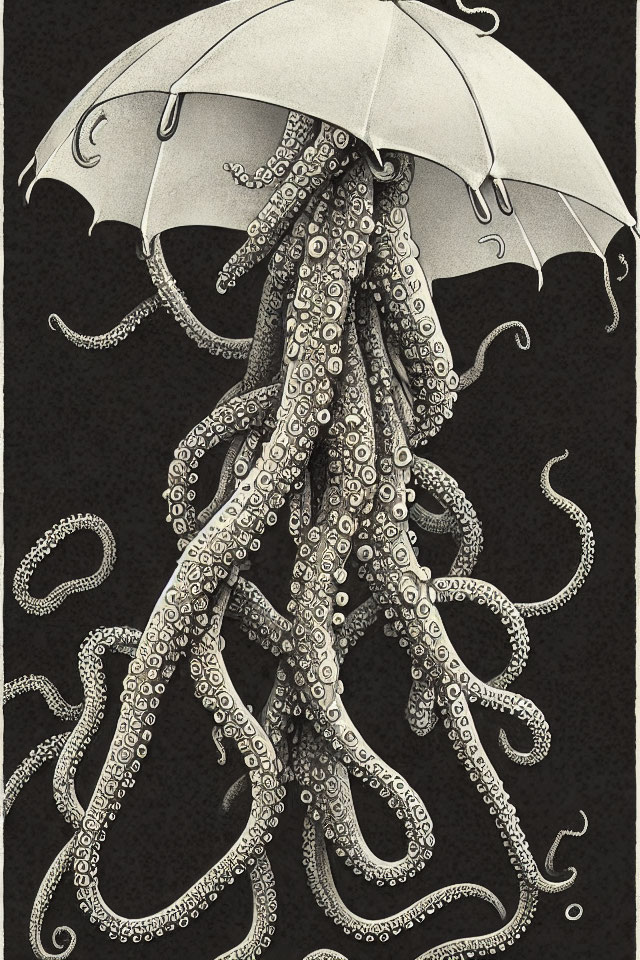 Intricately detailed octopus with white umbrella on black background