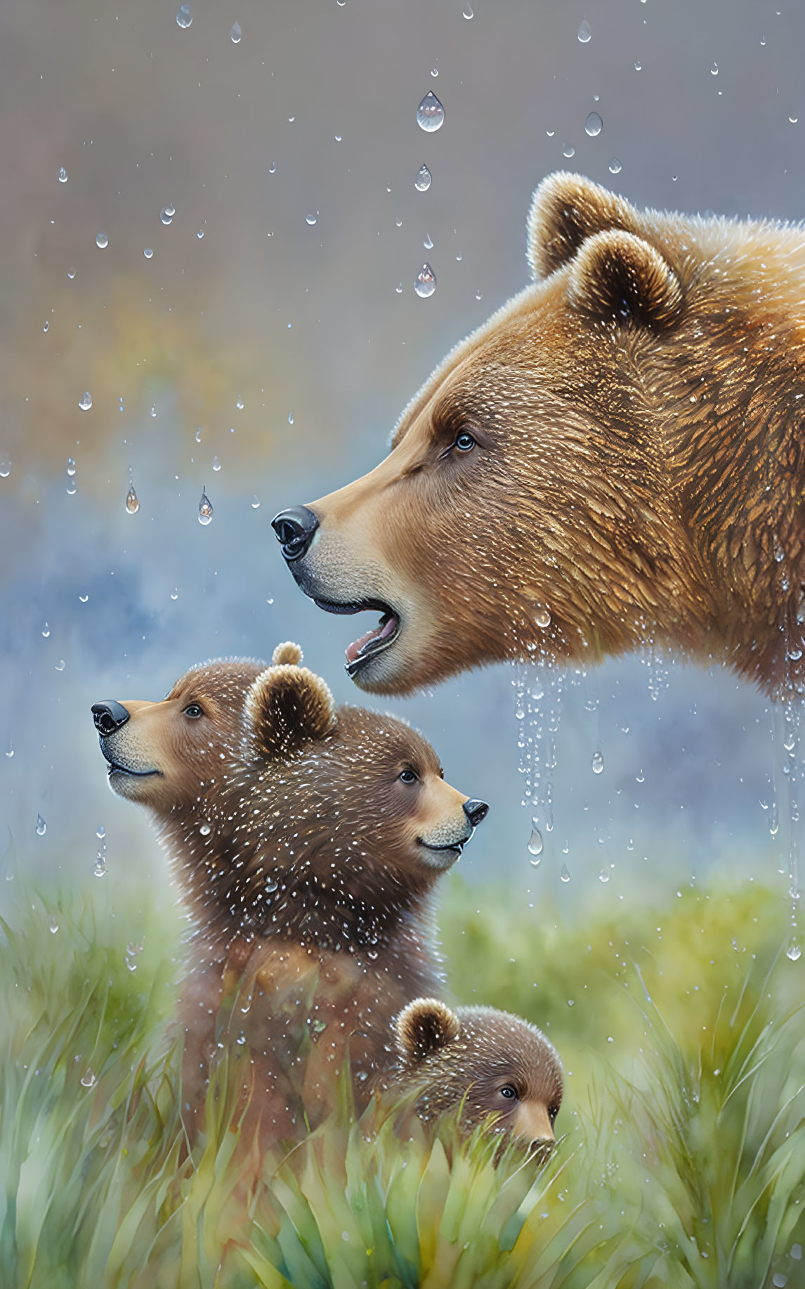 Mother bear and cubs in rain on verdant meadow, water beads on fur