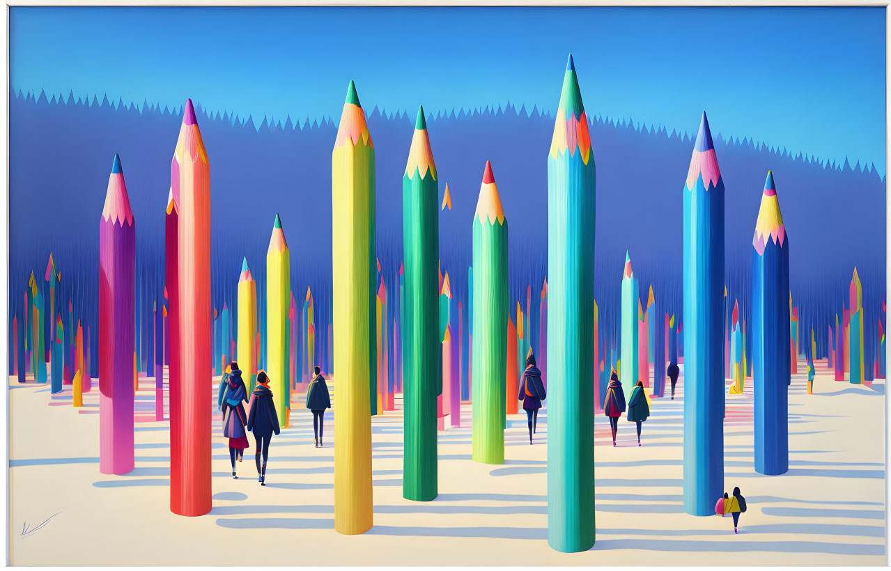 Vibrant illustration: oversized pencils in patterned landscape with people walking under blue sky